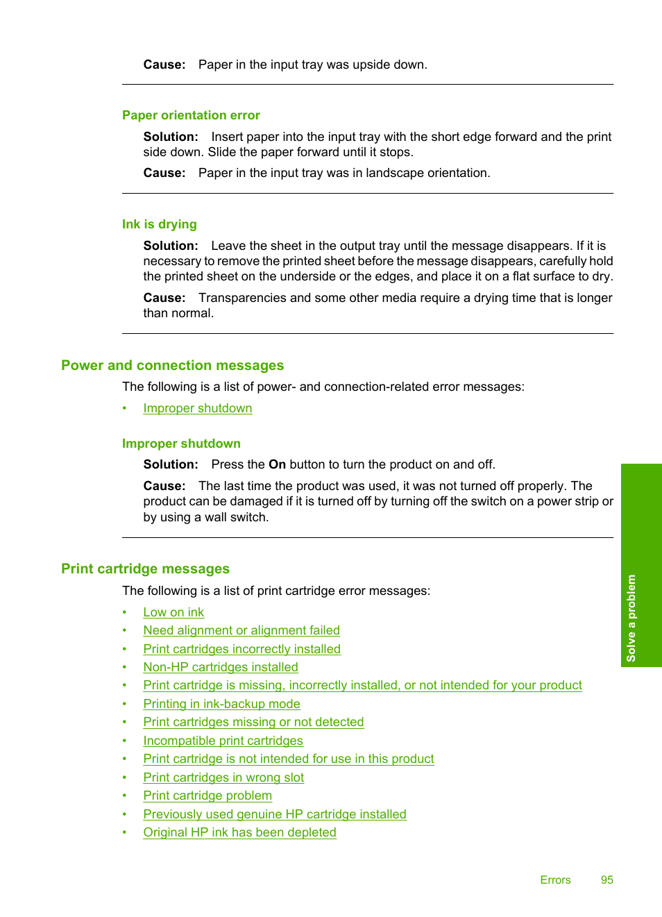 Power and connection messages, Print cartridge messages | HP Photosmart C4680 All-in-One Printer User Manual | Page 98 / 135