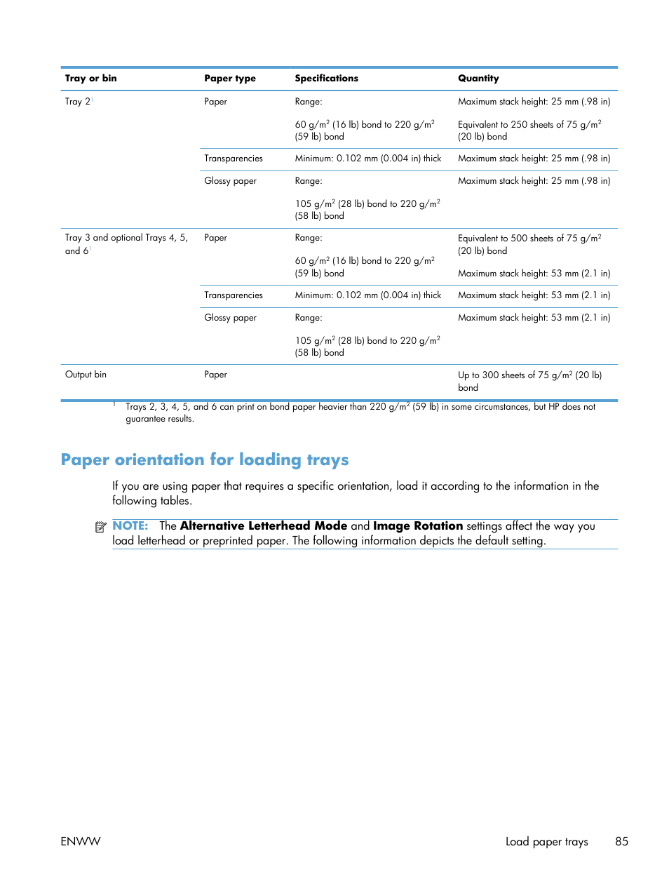 Paper orientation for loading trays | HP Color LaserJet Enterprise CP5525 Printer series User Manual | Page 101 / 262