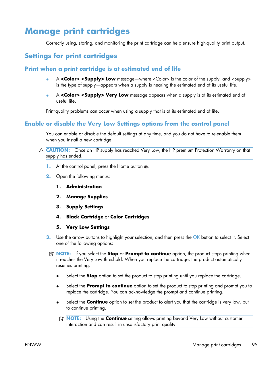 Manage print cartridges, Settings for print cartridges | HP Color LaserJet Enterprise CP5525 Printer series User Manual | Page 111 / 262