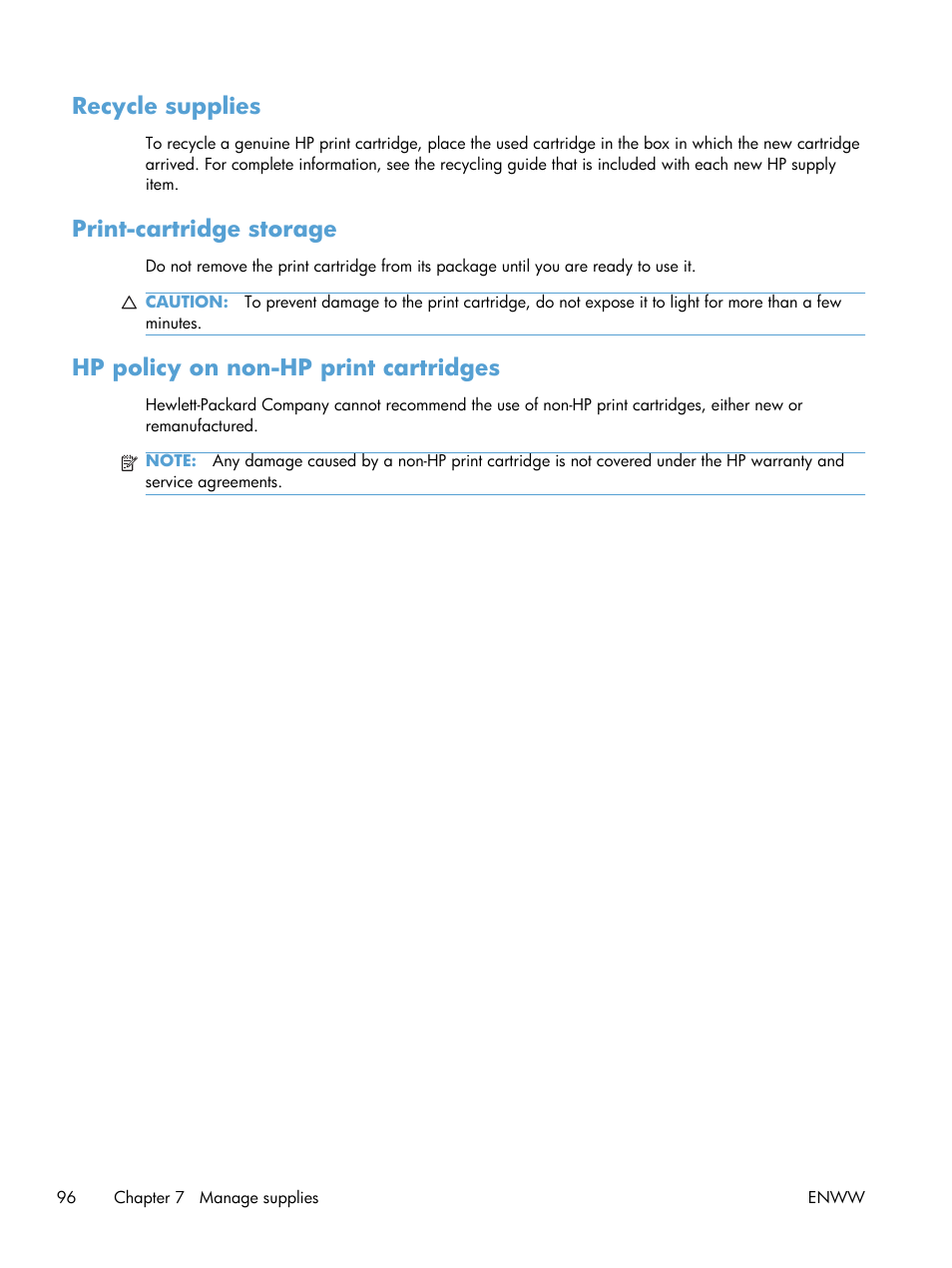 Recycle supplies, Print-cartridge storage, Hp policy on non-hp print cartridges | HP Color LaserJet Enterprise CP5525 Printer series User Manual | Page 112 / 262