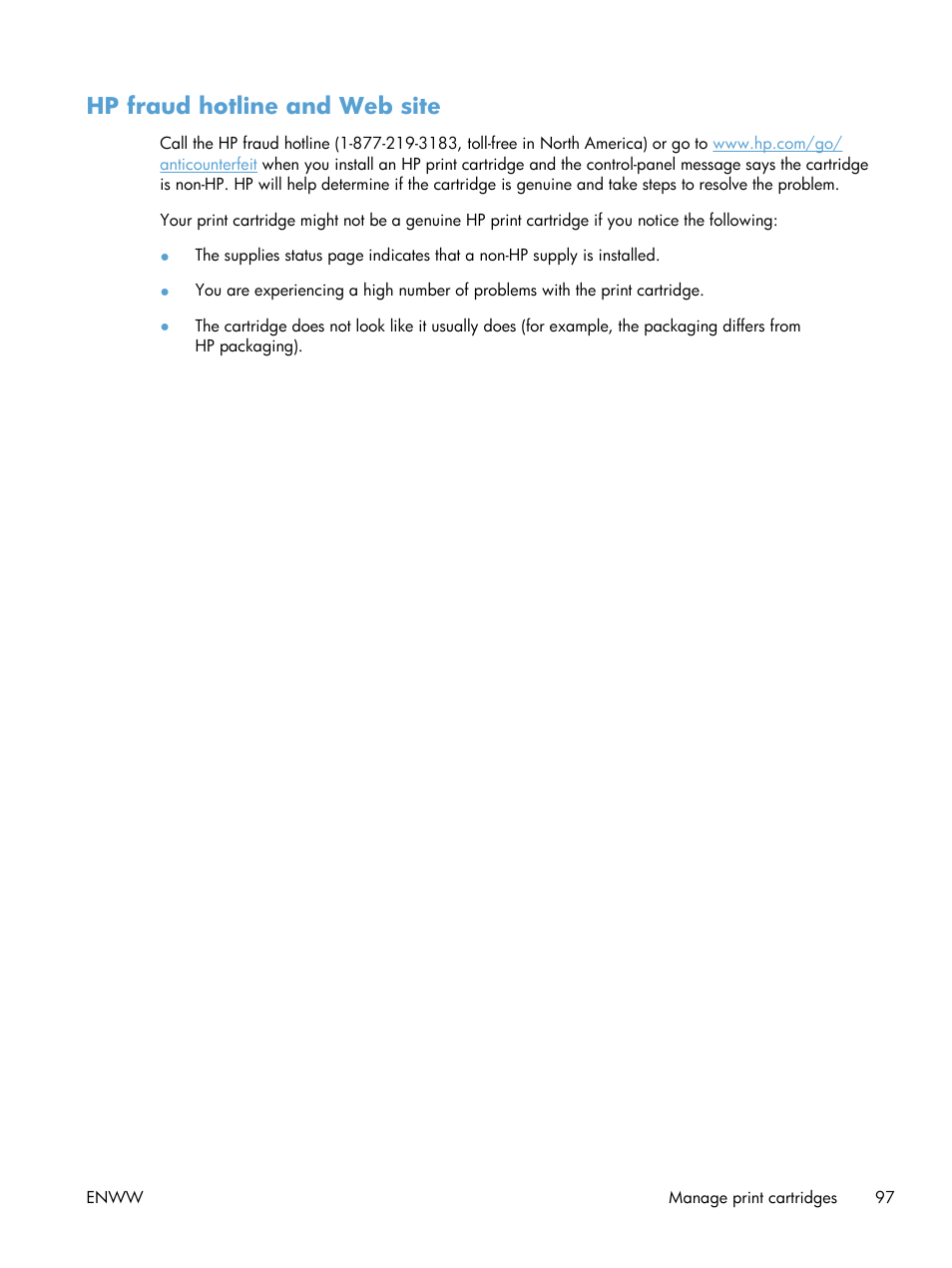 Hp fraud hotline and web site | HP Color LaserJet Enterprise CP5525 Printer series User Manual | Page 113 / 262