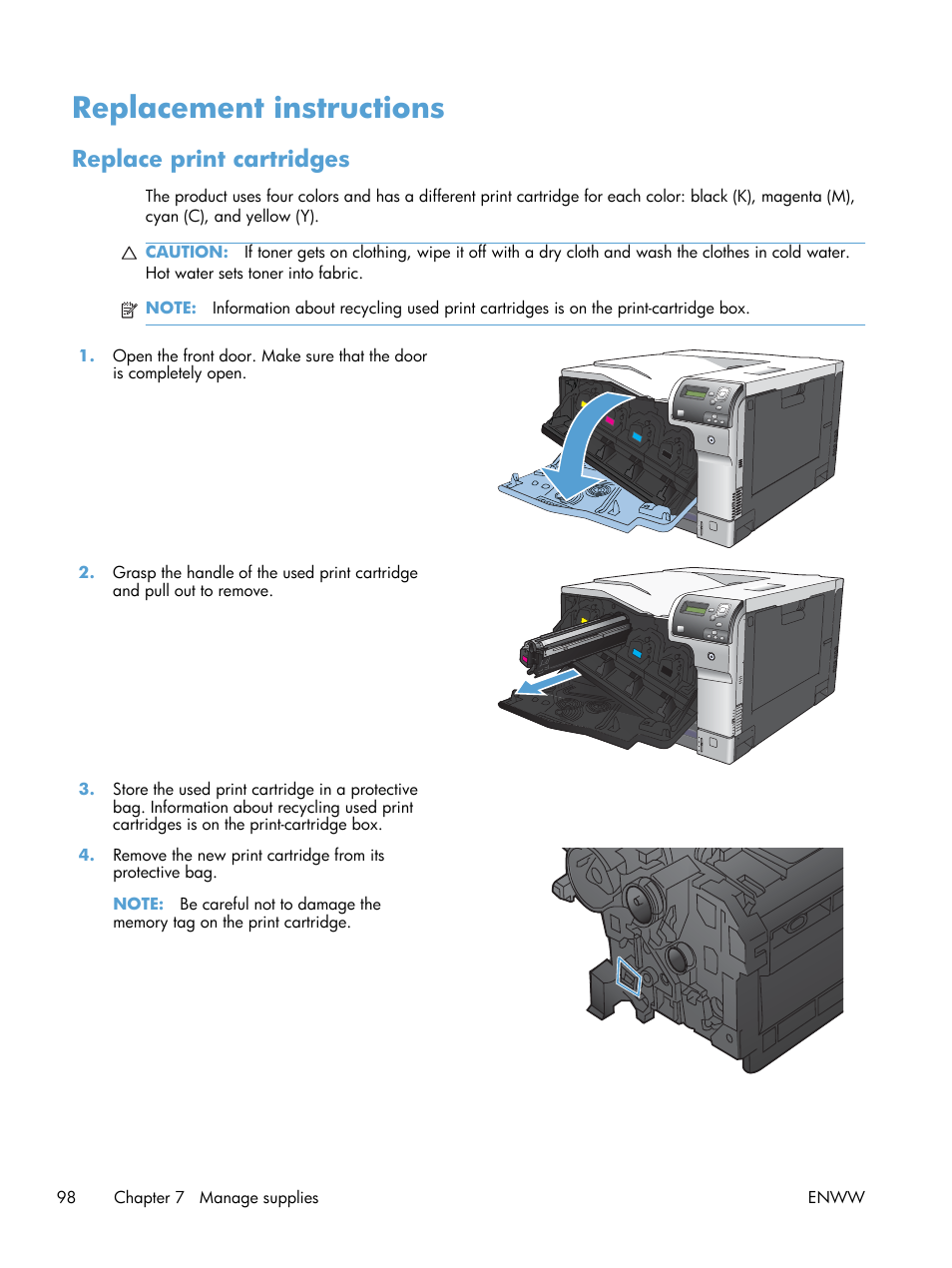 Replacement instructions, Replace print cartridges | HP Color LaserJet Enterprise CP5525 Printer series User Manual | Page 114 / 262