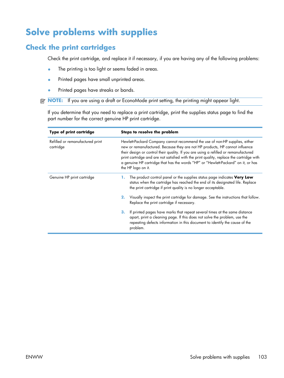 Solve problems with supplies, Check the print cartridges | HP Color LaserJet Enterprise CP5525 Printer series User Manual | Page 119 / 262