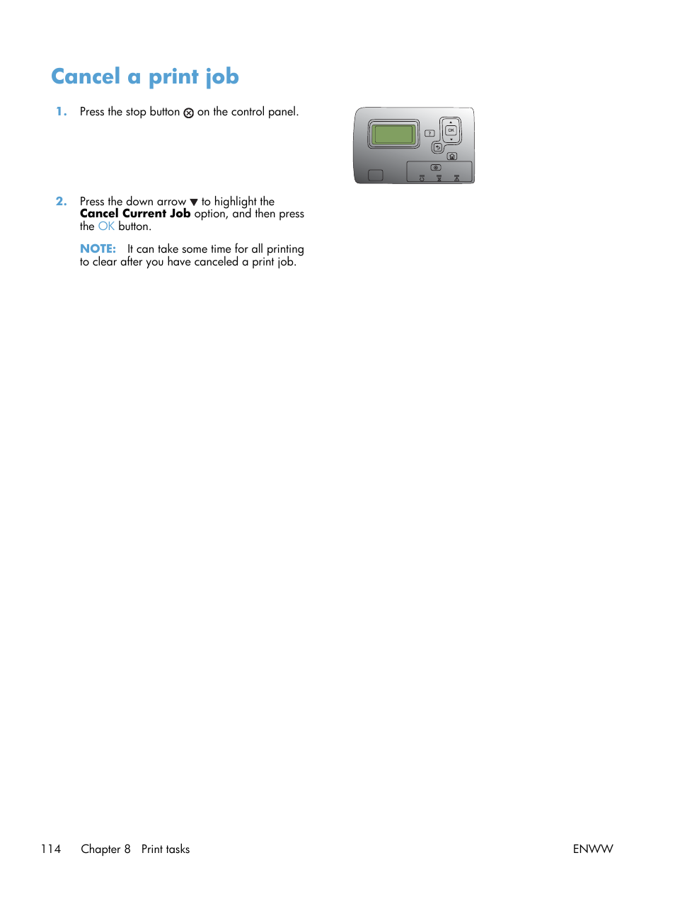 Cancel a print job | HP Color LaserJet Enterprise CP5525 Printer series User Manual | Page 130 / 262