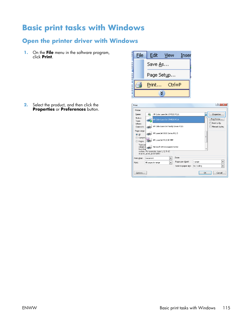 Basic print tasks with windows, Open the printer driver with windows | HP Color LaserJet Enterprise CP5525 Printer series User Manual | Page 131 / 262