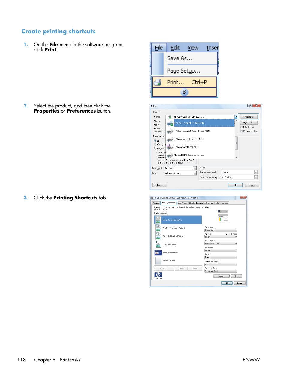 Create printing shortcuts | HP Color LaserJet Enterprise CP5525 Printer series User Manual | Page 134 / 262