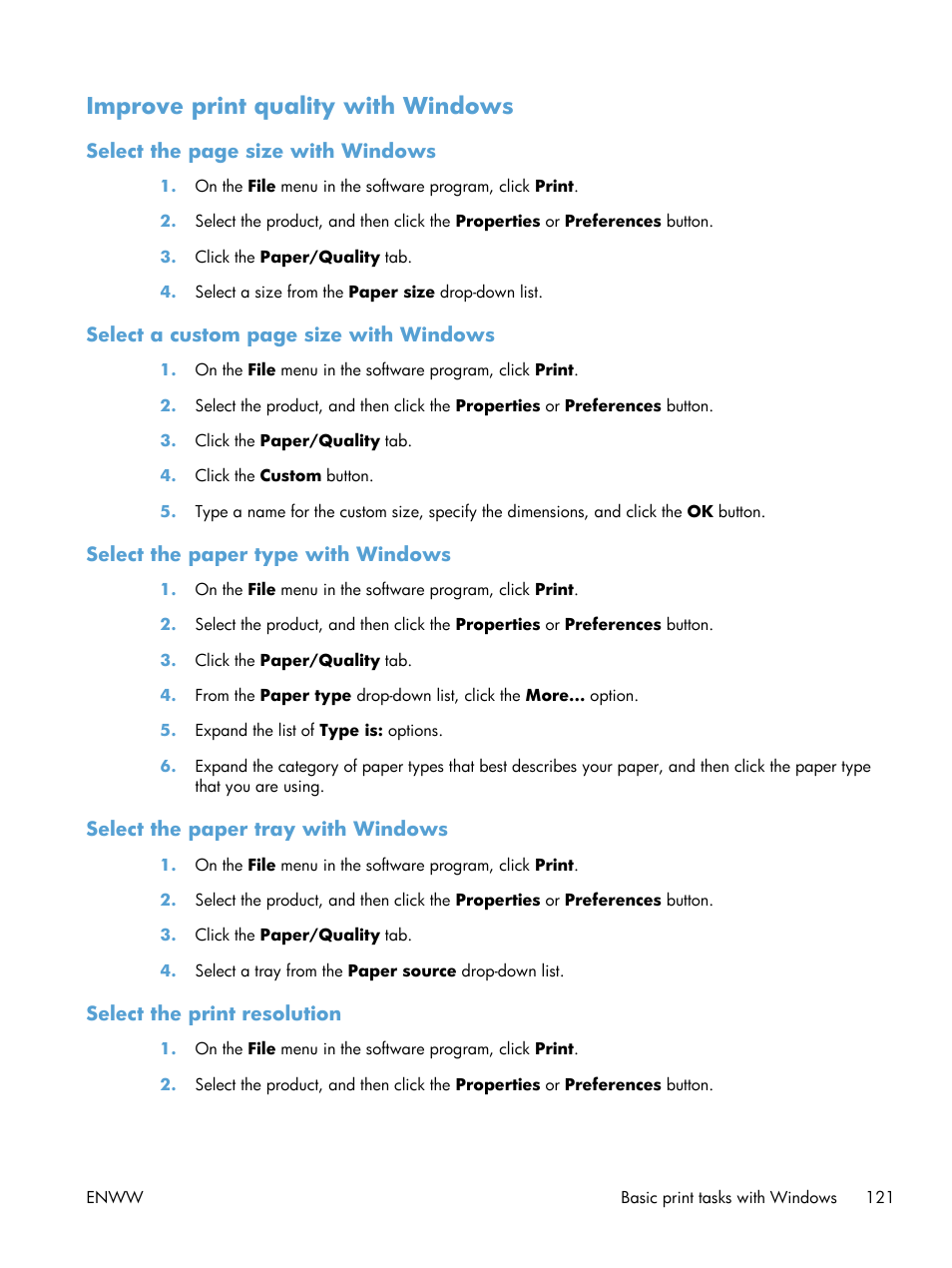 Improve print quality with windows, Select the paper type with windows, Select the paper tray with windows | Select the print resolution | HP Color LaserJet Enterprise CP5525 Printer series User Manual | Page 137 / 262