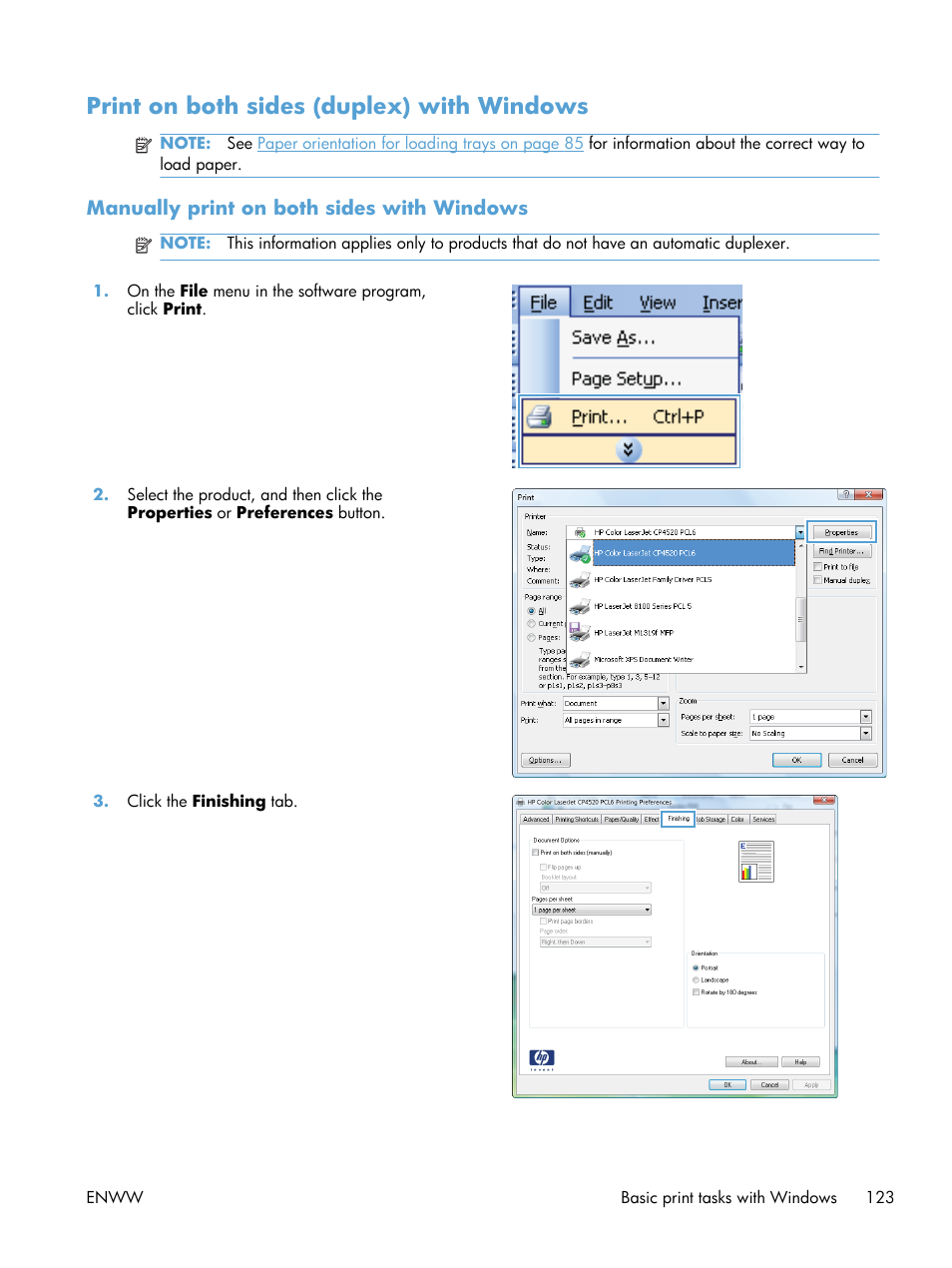 Print on both sides (duplex) with windows, Manually print on both sides with windows | HP Color LaserJet Enterprise CP5525 Printer series User Manual | Page 139 / 262