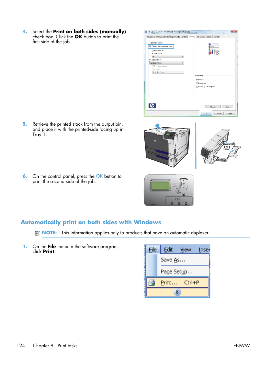 Automatically print on both sides with windows | HP Color LaserJet Enterprise CP5525 Printer series User Manual | Page 140 / 262