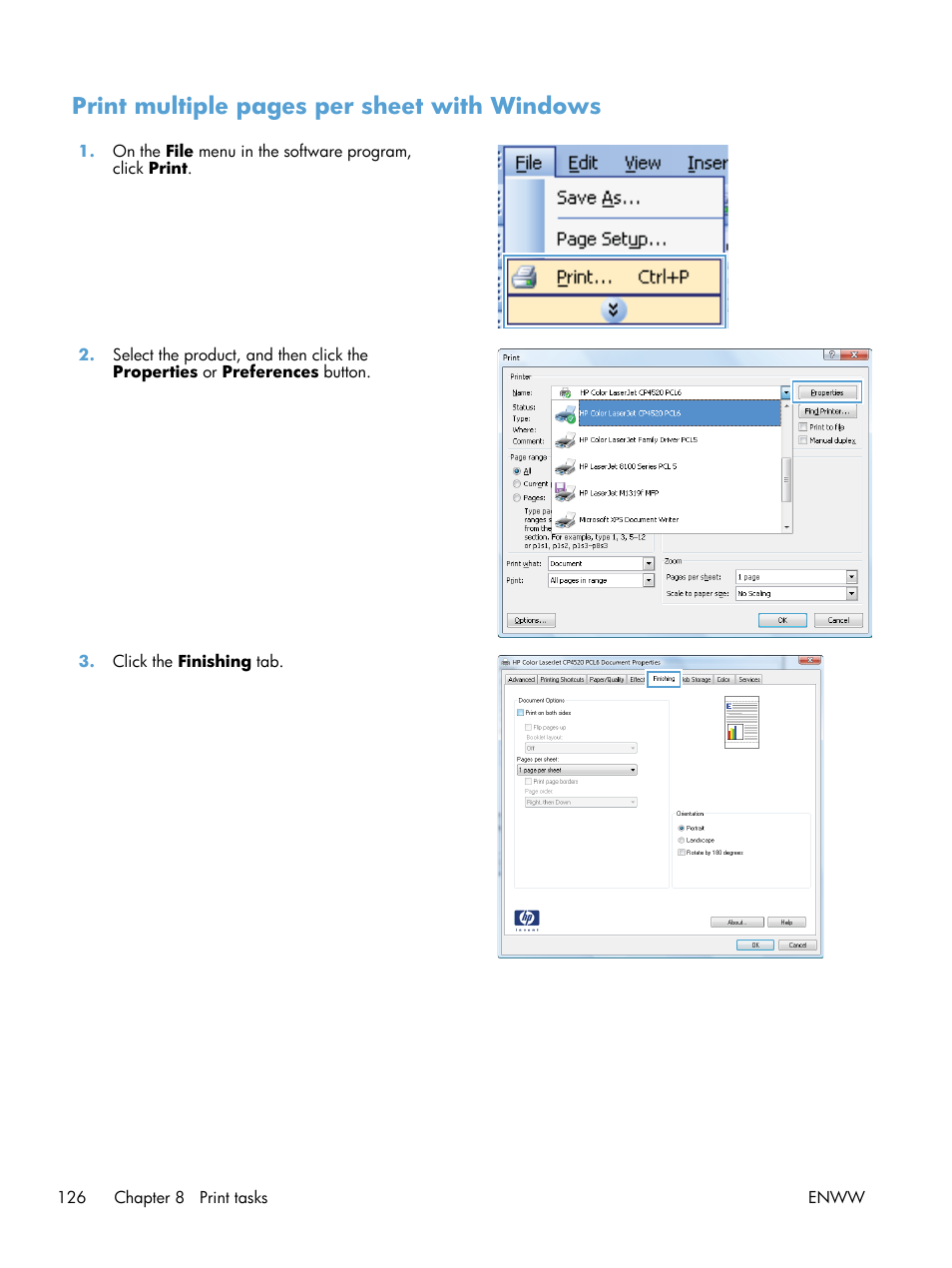 Print multiple pages per sheet with windows | HP Color LaserJet Enterprise CP5525 Printer series User Manual | Page 142 / 262