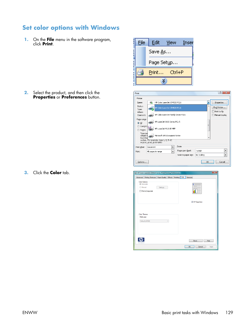 Set color options with windows | HP Color LaserJet Enterprise CP5525 Printer series User Manual | Page 145 / 262