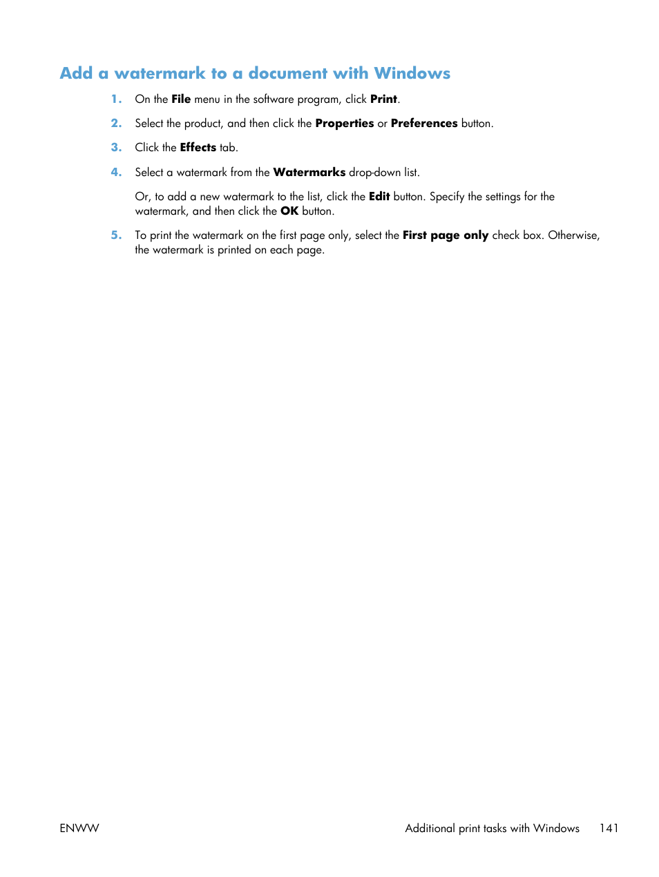 Add a watermark to a document with windows | HP Color LaserJet Enterprise CP5525 Printer series User Manual | Page 157 / 262
