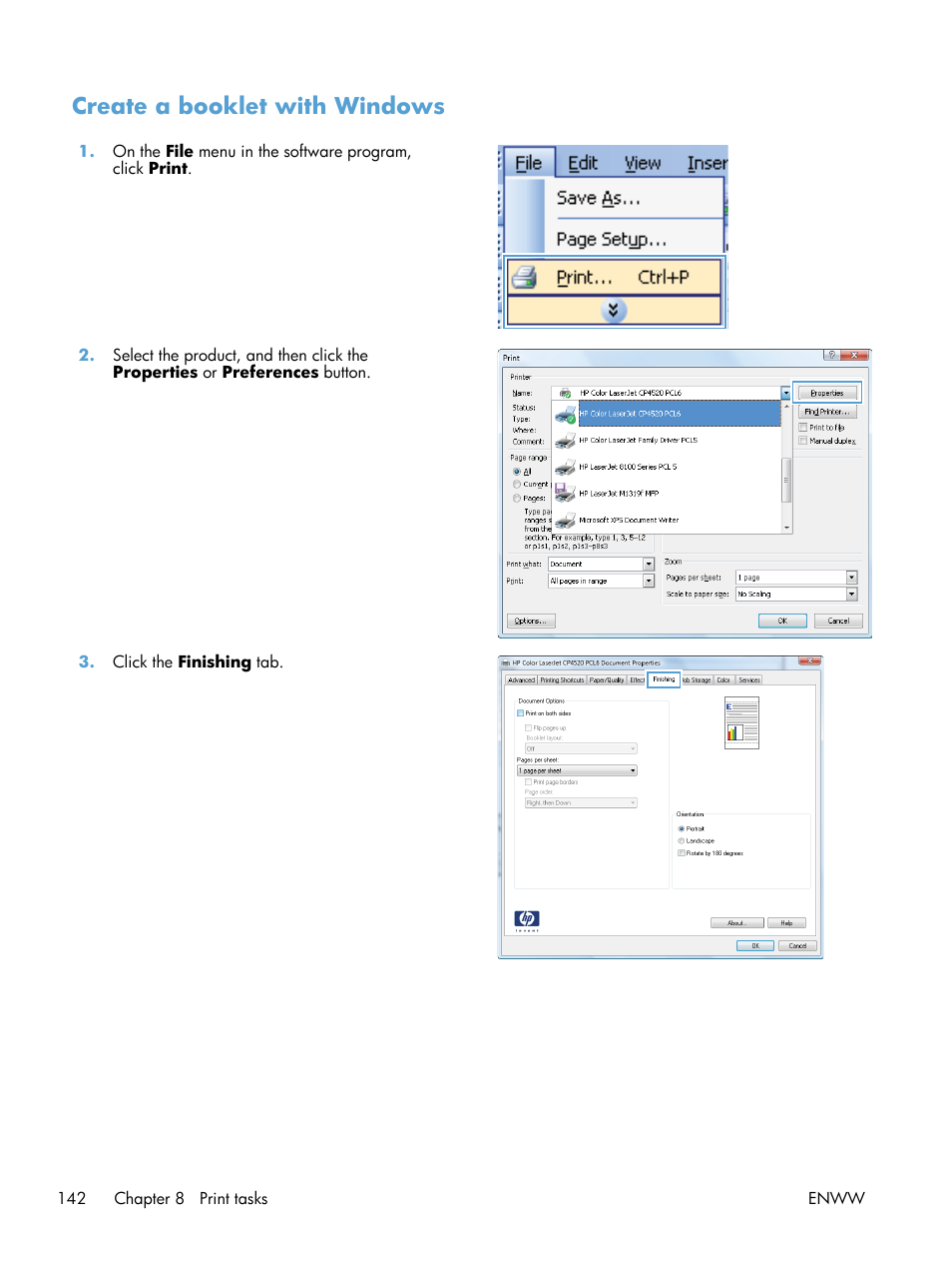 Create a booklet with windows | HP Color LaserJet Enterprise CP5525 Printer series User Manual | Page 158 / 262