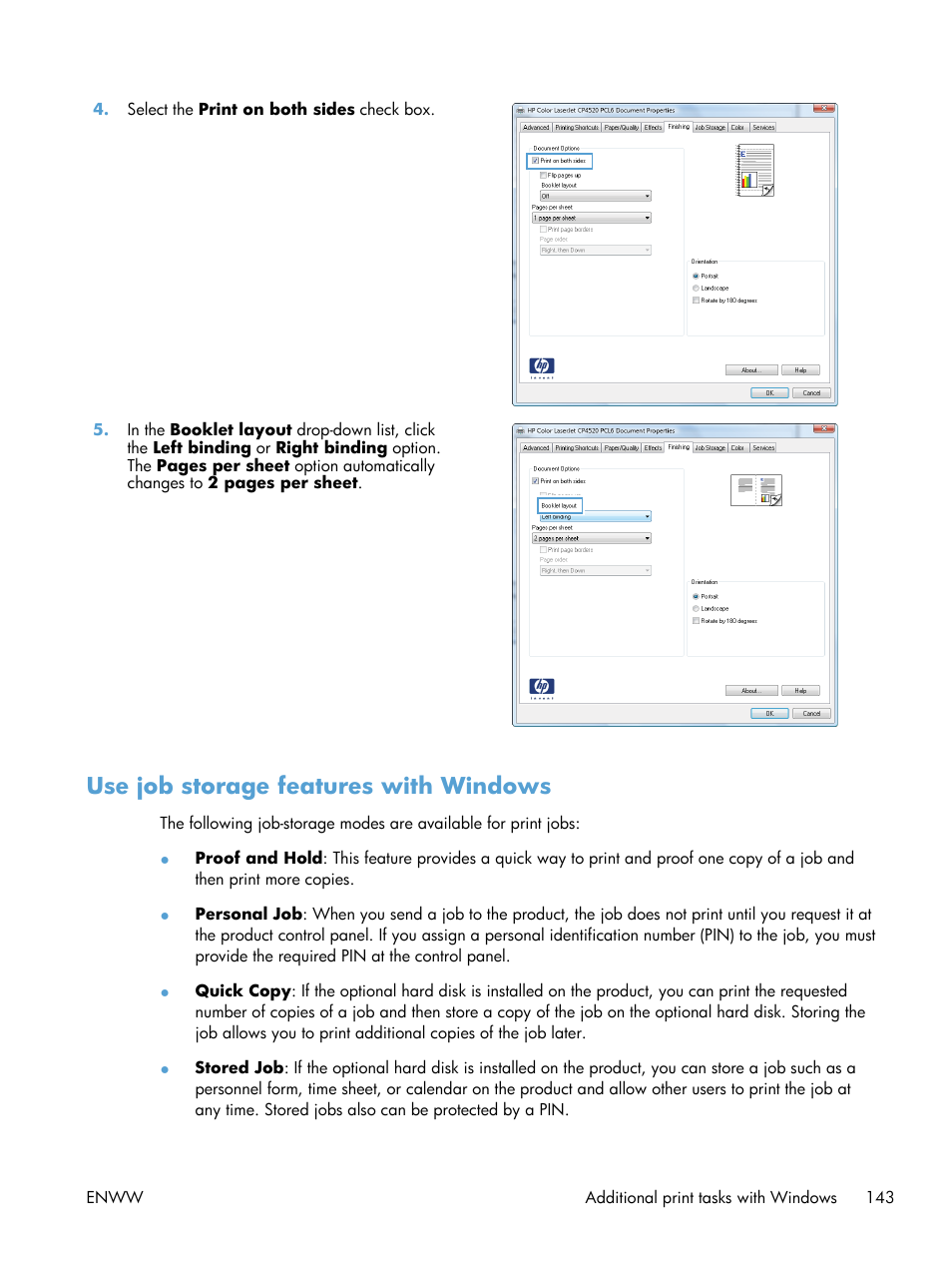 Use job storage features with windows | HP Color LaserJet Enterprise CP5525 Printer series User Manual | Page 159 / 262