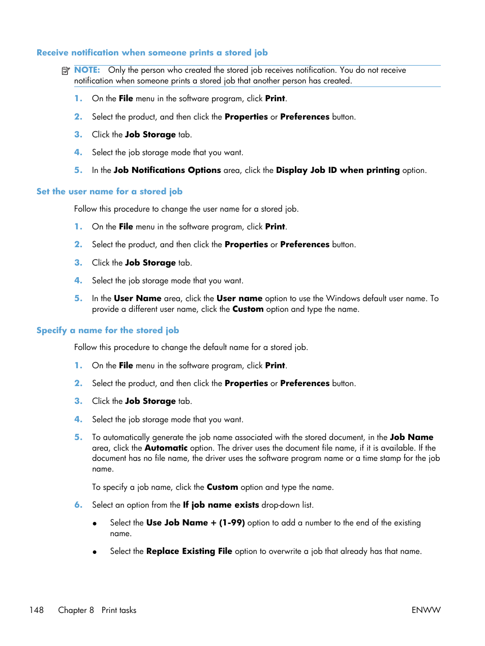 Set the user name for a stored job, Specify a name for the stored job | HP Color LaserJet Enterprise CP5525 Printer series User Manual | Page 164 / 262