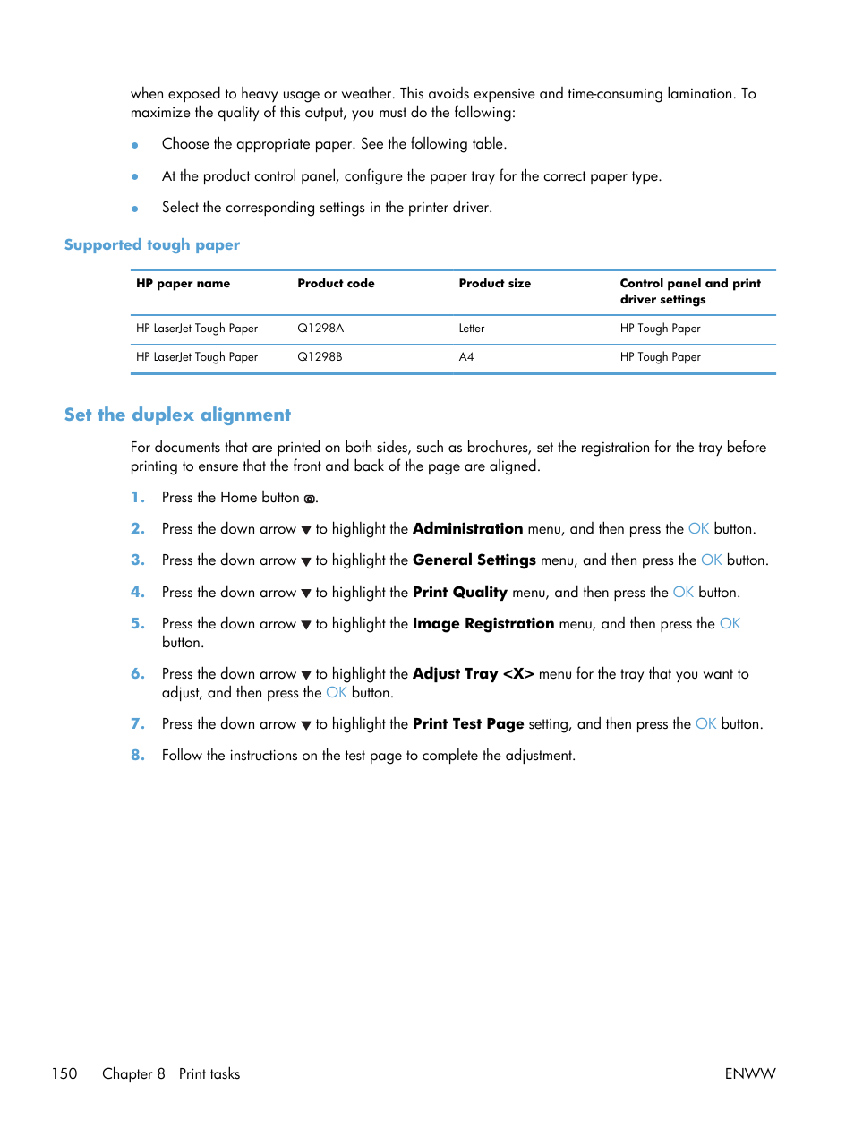 Supported tough paper, Set the duplex alignment | HP Color LaserJet Enterprise CP5525 Printer series User Manual | Page 166 / 262