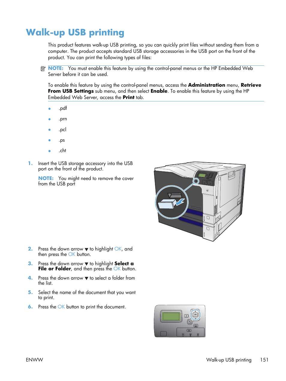Walk-up usb printing | HP Color LaserJet Enterprise CP5525 Printer series User Manual | Page 167 / 262