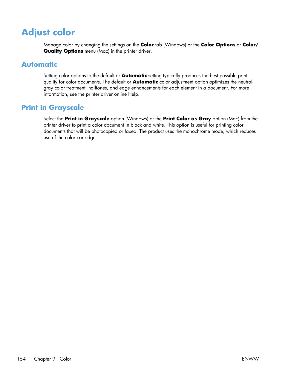 Adjust color, Automatic, Print in grayscale | Automatic print in grayscale | HP Color LaserJet Enterprise CP5525 Printer series User Manual | Page 170 / 262