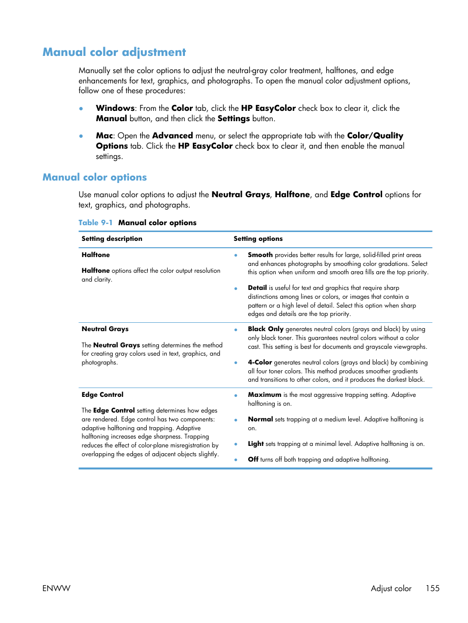 Manual color adjustment, Manual color options | HP Color LaserJet Enterprise CP5525 Printer series User Manual | Page 171 / 262