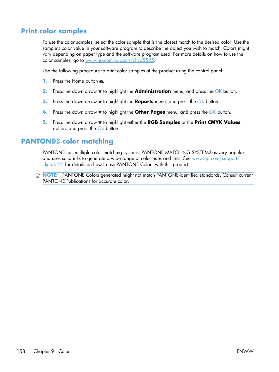 Print color samples, Pantone® color matching | HP Color LaserJet Enterprise CP5525 Printer series User Manual | Page 174 / 262