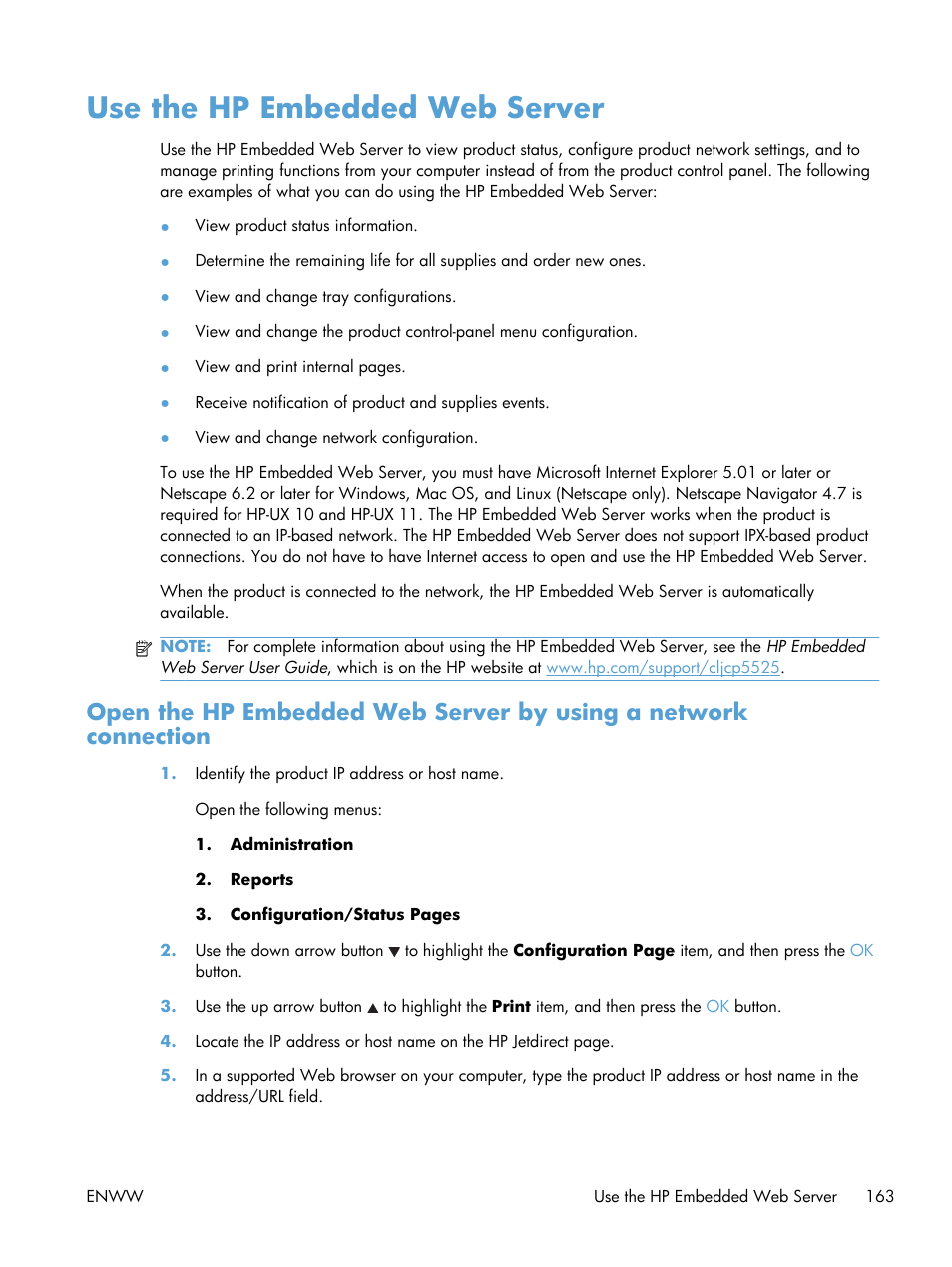 Use the hp embedded web server | HP Color LaserJet Enterprise CP5525 Printer series User Manual | Page 179 / 262