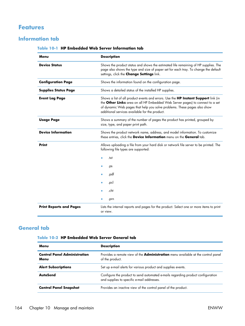 Features, Information tab, General tab | Information tab general tab | HP Color LaserJet Enterprise CP5525 Printer series User Manual | Page 180 / 262