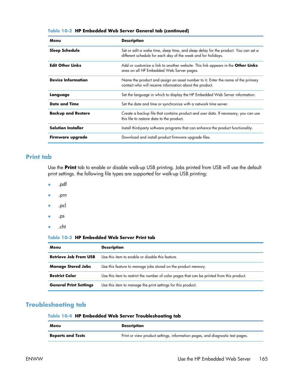 Print tab, Troubleshooting tab, Print tab troubleshooting tab | HP Color LaserJet Enterprise CP5525 Printer series User Manual | Page 181 / 262