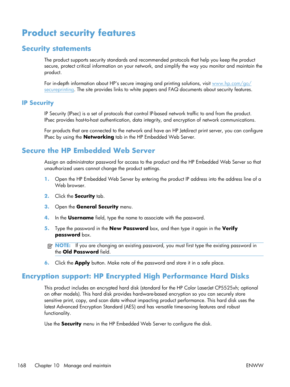 Product security features, Security statements, Ip security | Secure the hp embedded web server | HP Color LaserJet Enterprise CP5525 Printer series User Manual | Page 184 / 262