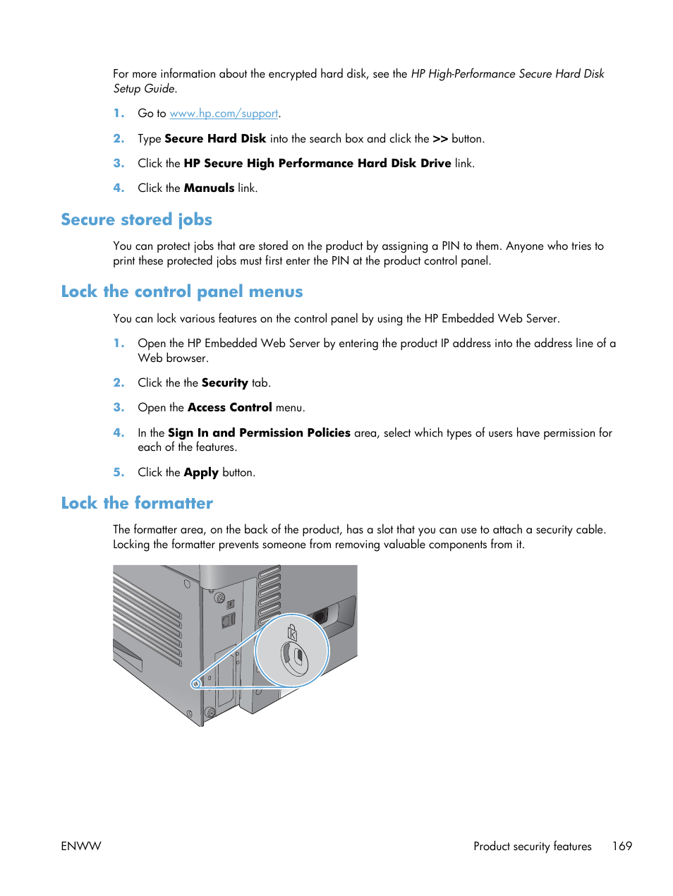 Secure stored jobs, Lock the control panel menus, Lock the formatter | HP Color LaserJet Enterprise CP5525 Printer series User Manual | Page 185 / 262