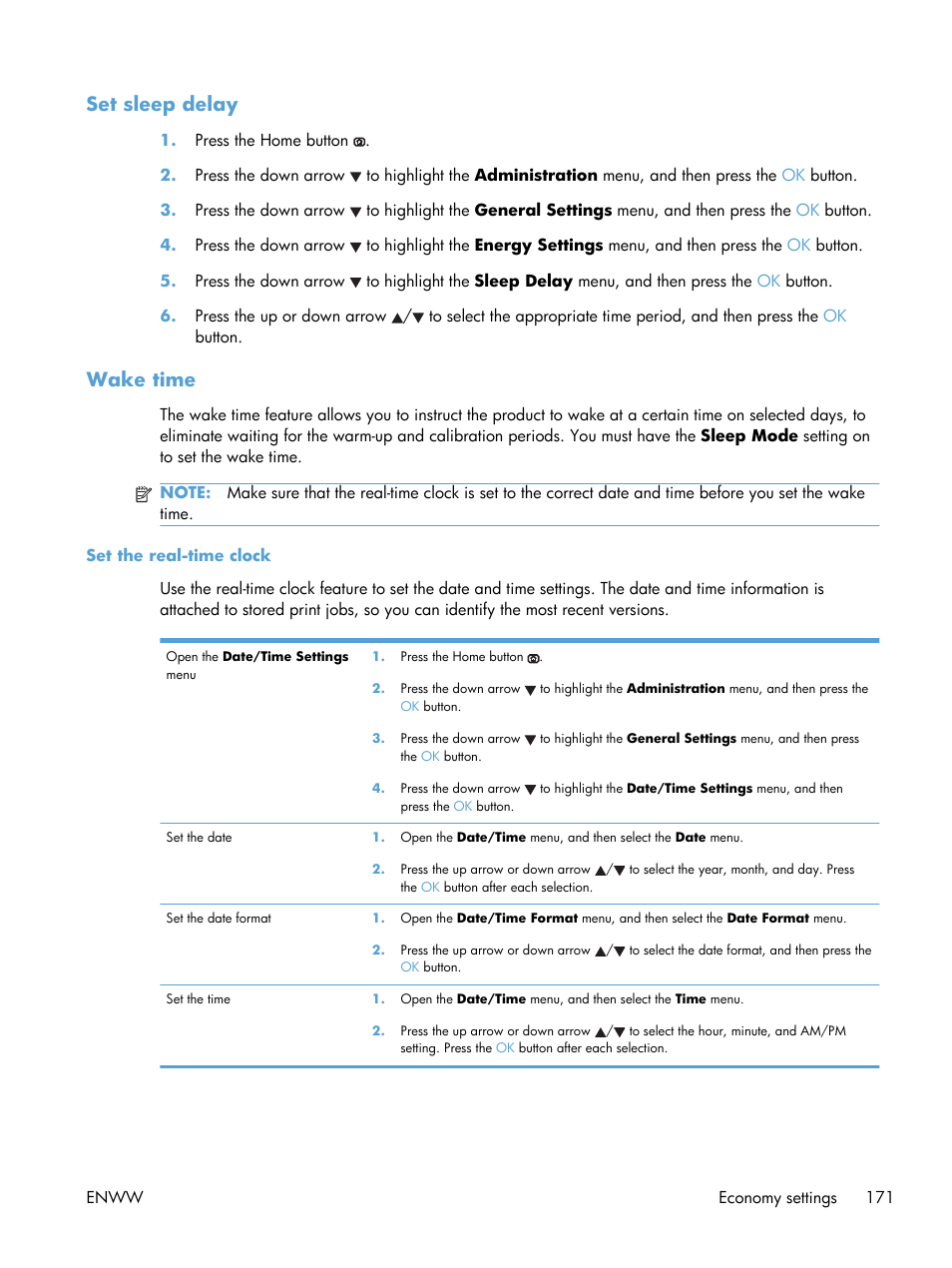 Set sleep delay, Wake time, Set the real-time clock | Set sleep delay wake time | HP Color LaserJet Enterprise CP5525 Printer series User Manual | Page 187 / 262