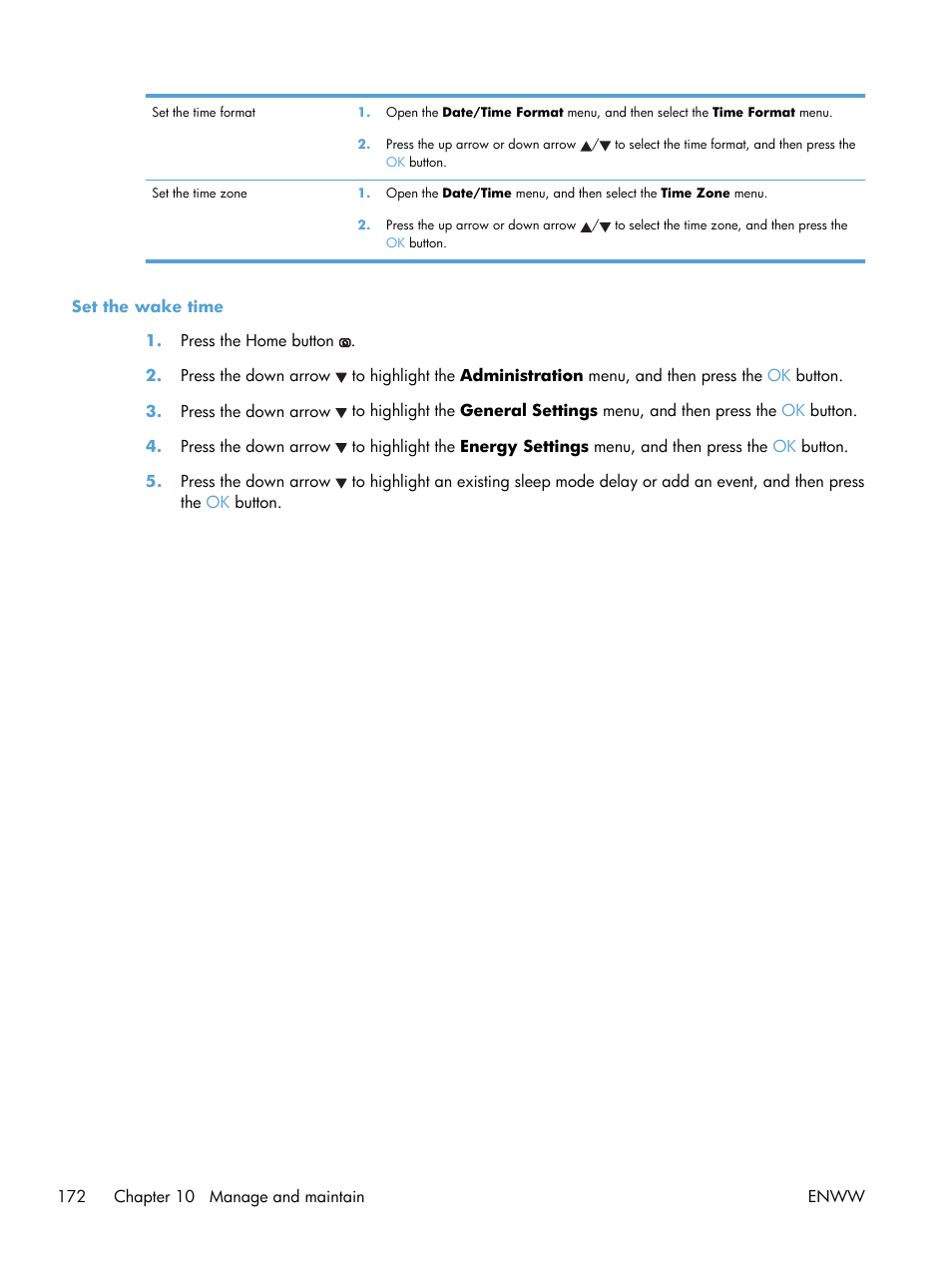 Set the wake time | HP Color LaserJet Enterprise CP5525 Printer series User Manual | Page 188 / 262