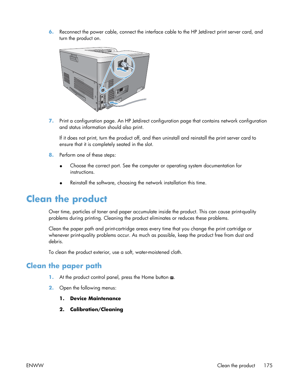 Clean the product, Clean the paper path | HP Color LaserJet Enterprise CP5525 Printer series User Manual | Page 191 / 262