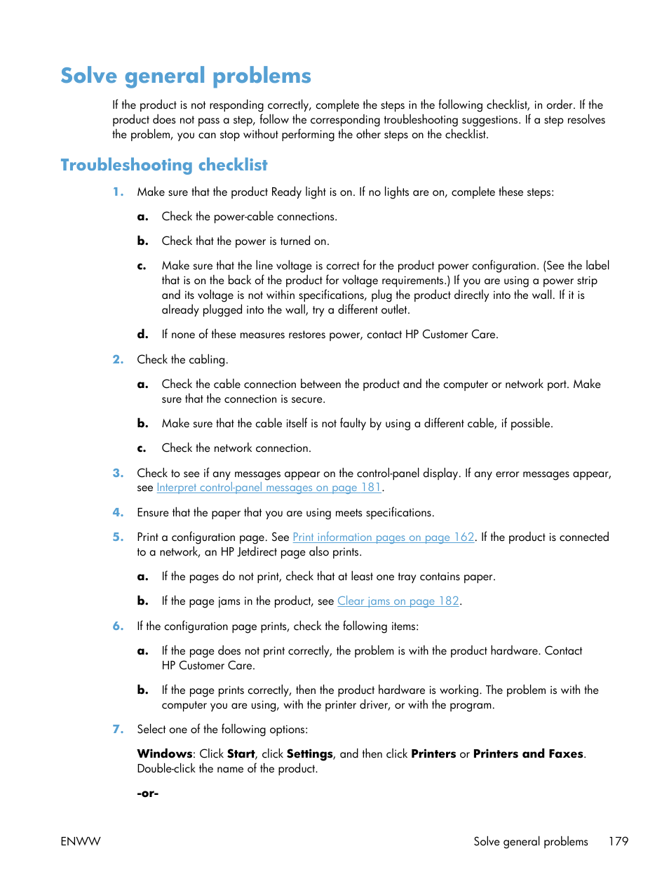 Solve general problems, Troubleshooting checklist | HP Color LaserJet Enterprise CP5525 Printer series User Manual | Page 195 / 262