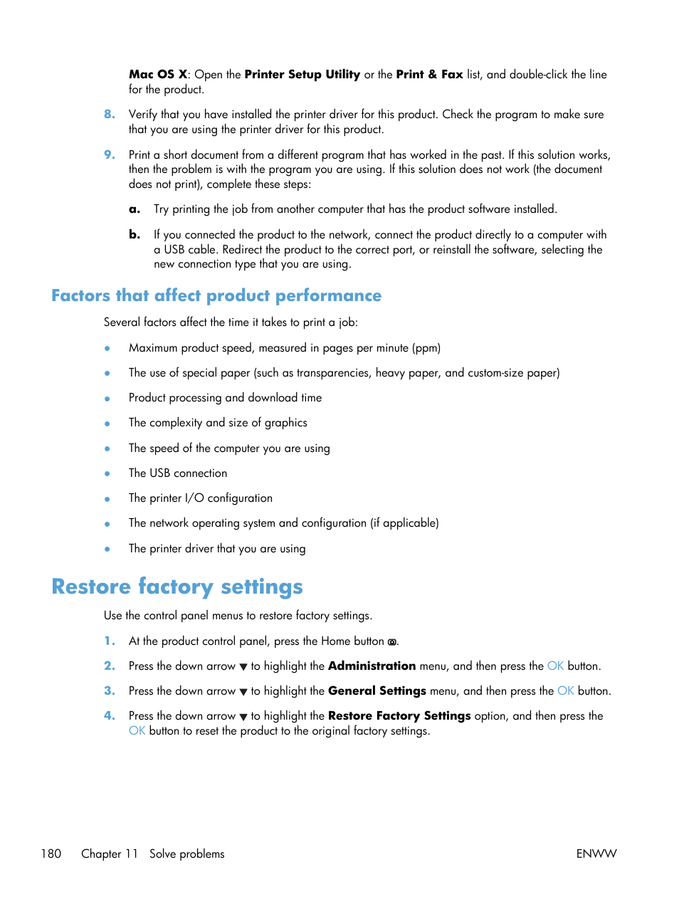 Factors that affect product performance, Restore factory settings | HP Color LaserJet Enterprise CP5525 Printer series User Manual | Page 196 / 262