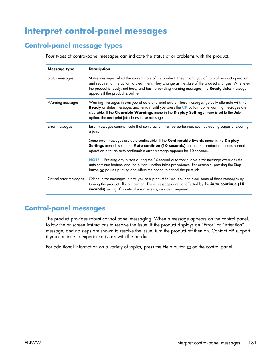 Interpret control-panel messages, Control-panel message types, Control-panel messages | Control-panel message types control-panel messages | HP Color LaserJet Enterprise CP5525 Printer series User Manual | Page 197 / 262