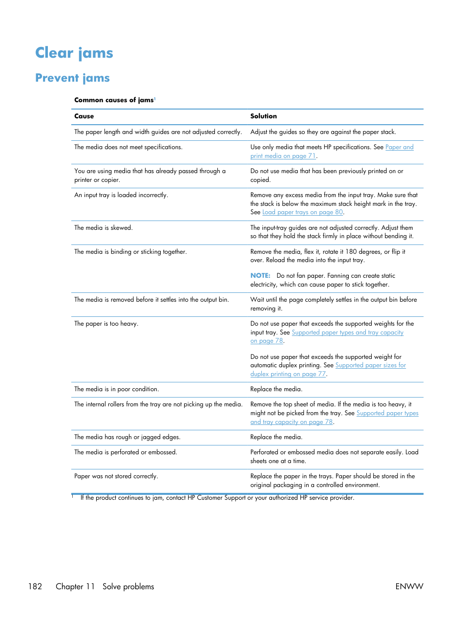 Clear jams, Prevent jams, Uct, see | HP Color LaserJet Enterprise CP5525 Printer series User Manual | Page 198 / 262