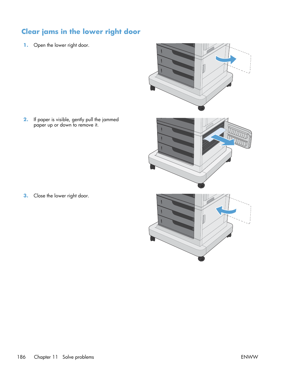 Clear jams in the lower right door | HP Color LaserJet Enterprise CP5525 Printer series User Manual | Page 202 / 262