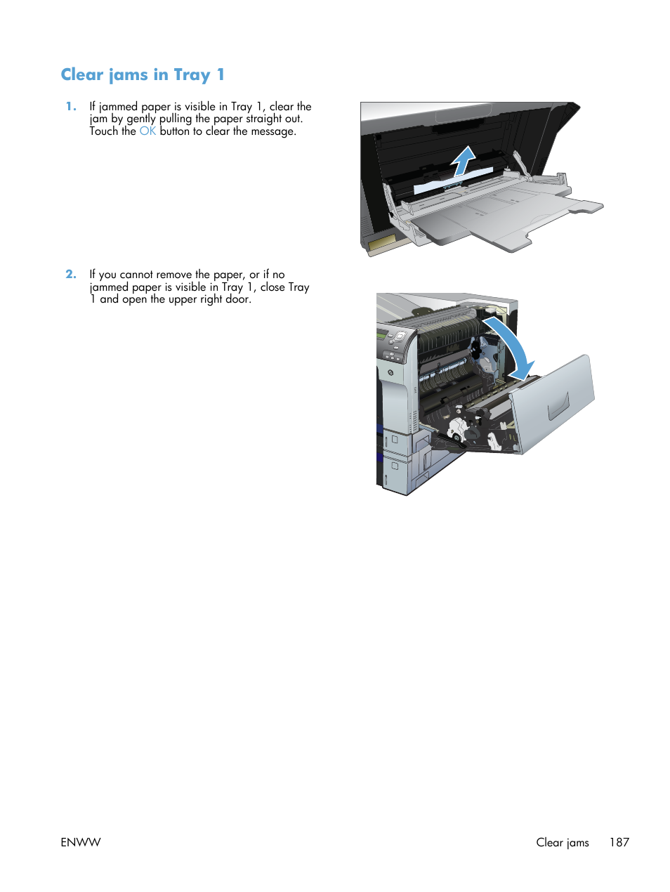 Clear jams in tray 1 | HP Color LaserJet Enterprise CP5525 Printer series User Manual | Page 203 / 262