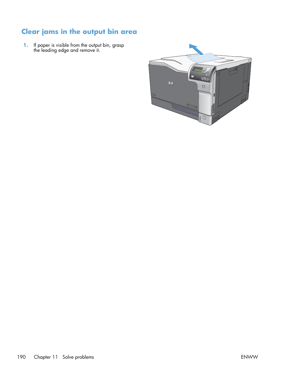 Clear jams in the output bin area | HP Color LaserJet Enterprise CP5525 Printer series User Manual | Page 206 / 262