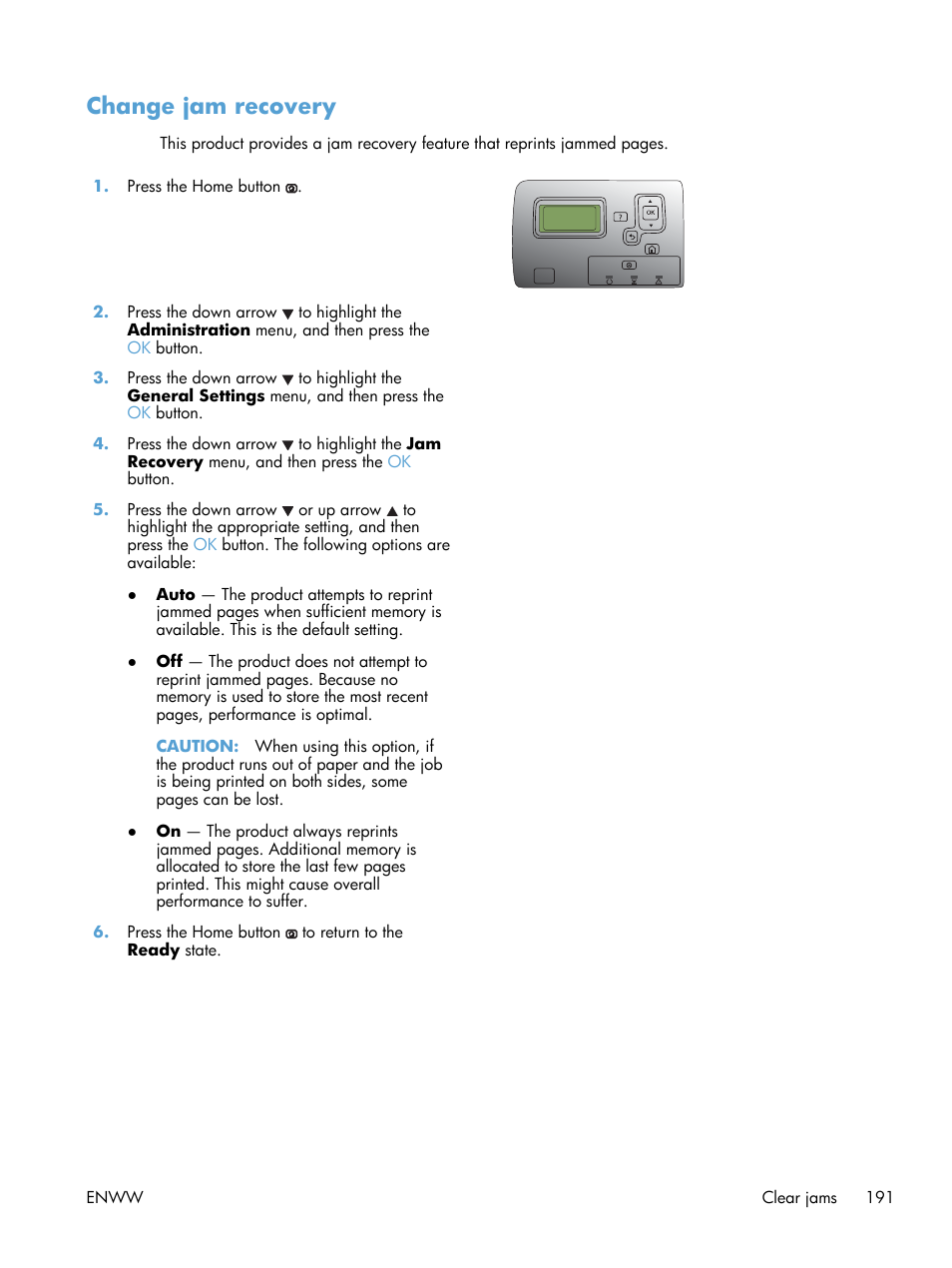 Change jam recovery | HP Color LaserJet Enterprise CP5525 Printer series User Manual | Page 207 / 262