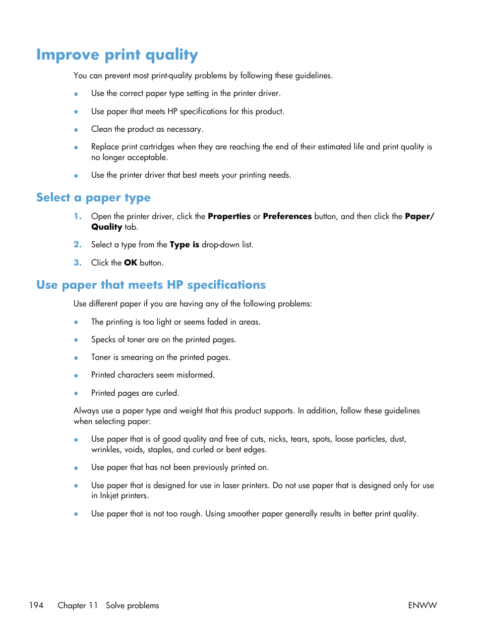 Improve print quality, Select a paper type, Use paper that meets hp specifications | HP Color LaserJet Enterprise CP5525 Printer series User Manual | Page 210 / 262