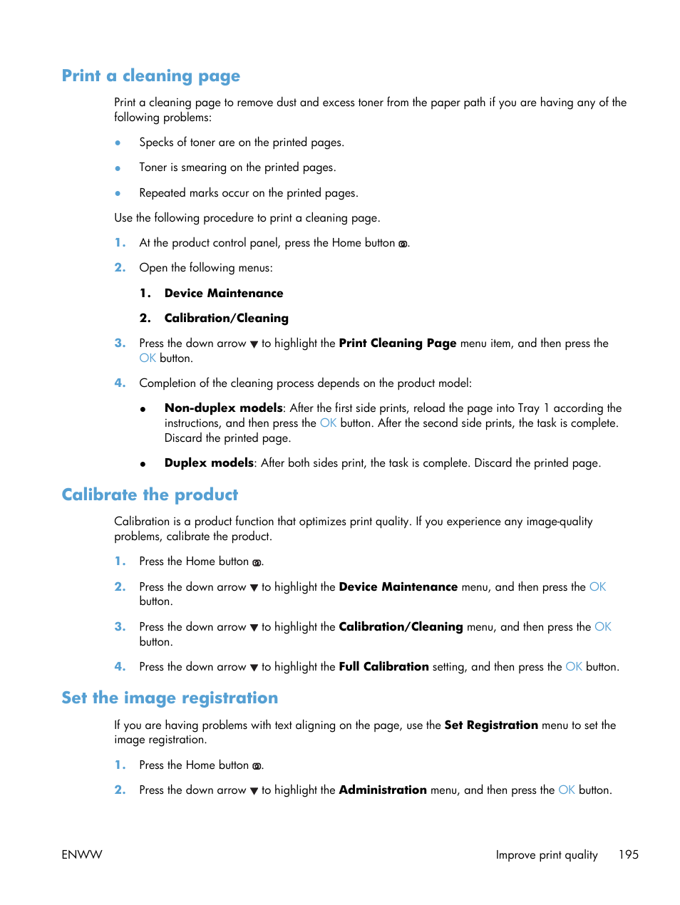 Calibrate the product, Set the image registration, Print a cleaning page | HP Color LaserJet Enterprise CP5525 Printer series User Manual | Page 211 / 262