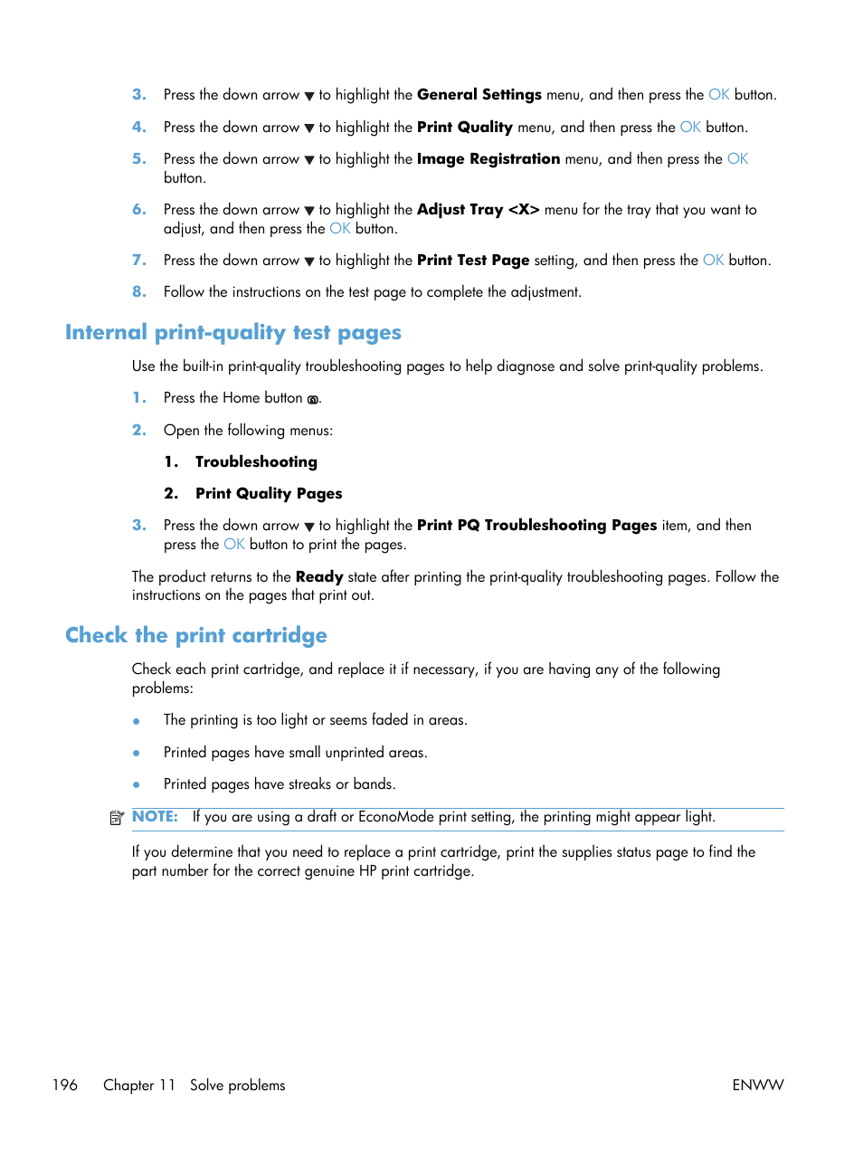 Check the print cartridge, Internal print-quality test pages | HP Color LaserJet Enterprise CP5525 Printer series User Manual | Page 212 / 262