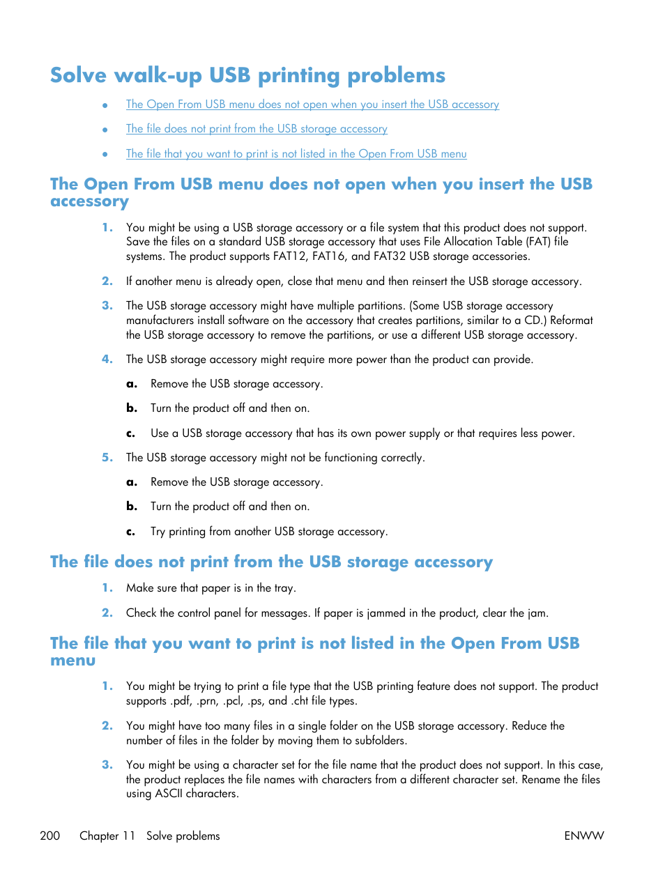 Solve walk-up usb printing problems | HP Color LaserJet Enterprise CP5525 Printer series User Manual | Page 216 / 262