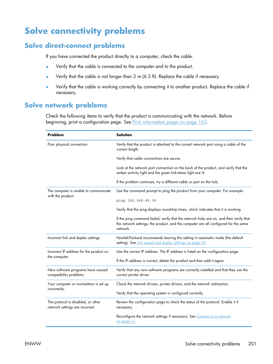 Solve connectivity problems, Solve direct-connect problems, Solve network problems | HP Color LaserJet Enterprise CP5525 Printer series User Manual | Page 217 / 262