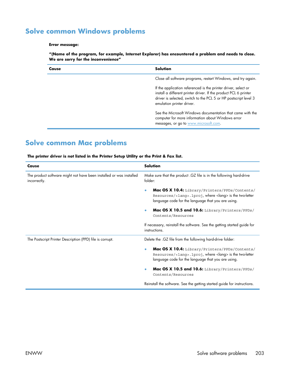 Solve common windows problems, Solve common mac problems | HP Color LaserJet Enterprise CP5525 Printer series User Manual | Page 219 / 262