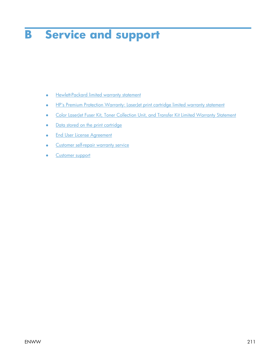 Service and support, Appendix b service and support, B service and support | HP Color LaserJet Enterprise CP5525 Printer series User Manual | Page 227 / 262