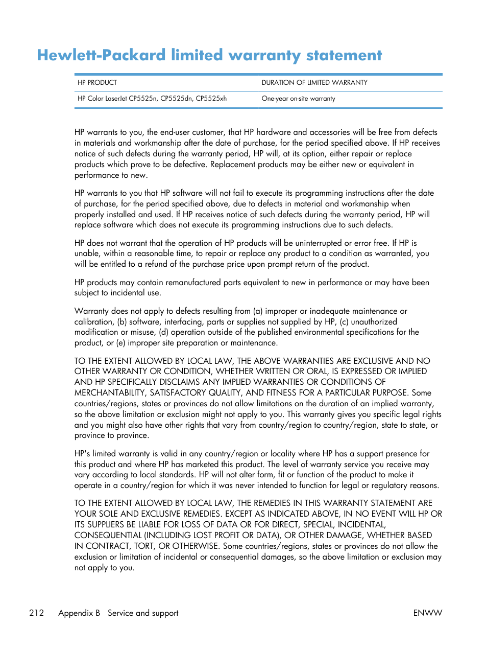 Hewlett-packard limited warranty statement | HP Color LaserJet Enterprise CP5525 Printer series User Manual | Page 228 / 262