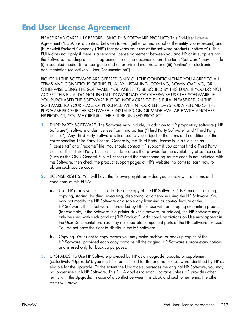 End user license agreement | HP Color LaserJet Enterprise CP5525 Printer series User Manual | Page 233 / 262