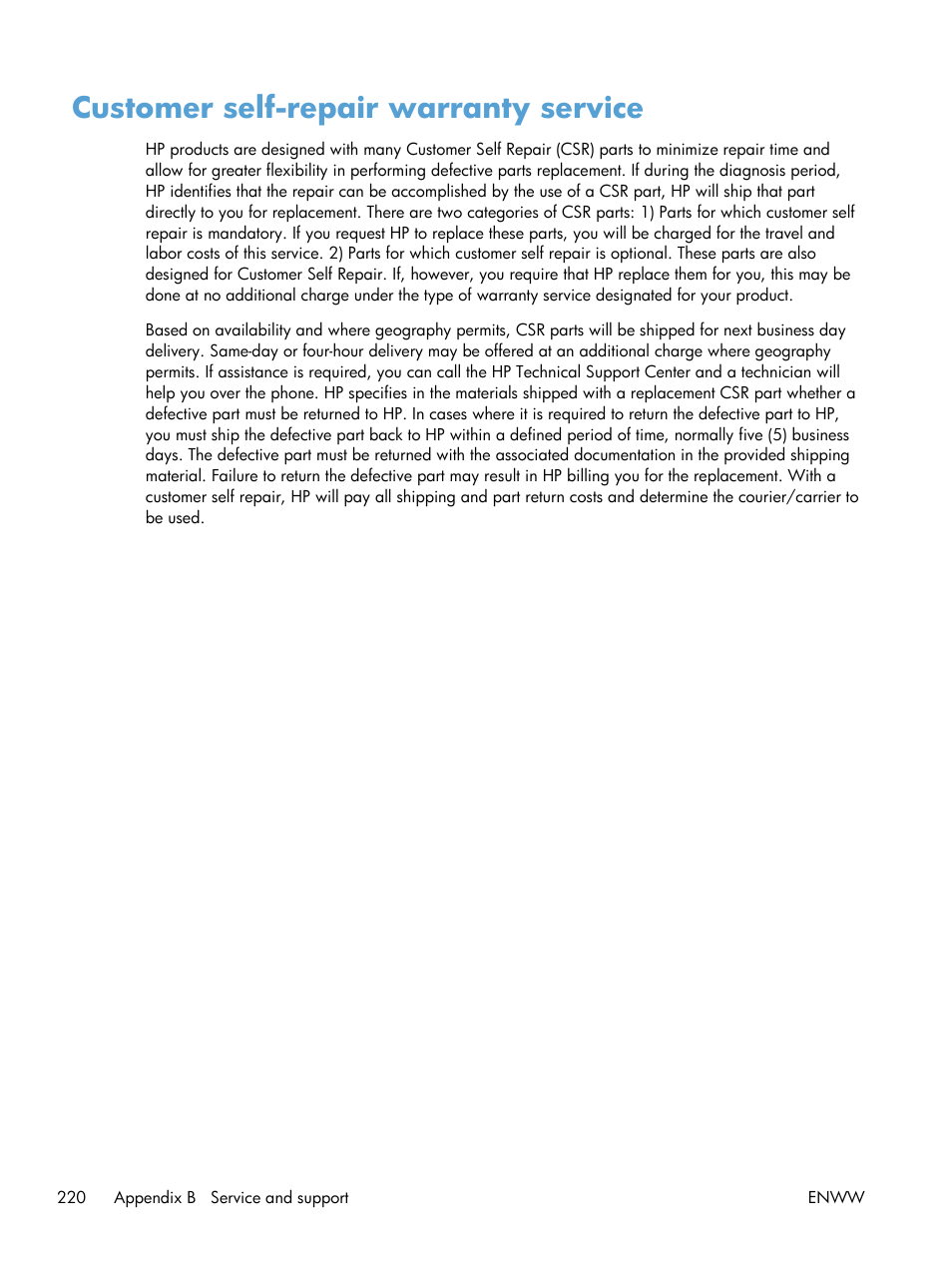 Customer self-repair warranty service | HP Color LaserJet Enterprise CP5525 Printer series User Manual | Page 236 / 262